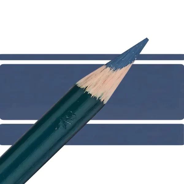 a derwent artists coloured pencil is seen in a close up ciming in from the left habd corner of the image. the tip is facing the right hand side top of the image. in a horizontal line. it has a green hamdle and a wooden end with the coloured tip. there are three horizontal stripes behind it that are the same colour as the nib of the pencil. on a white background