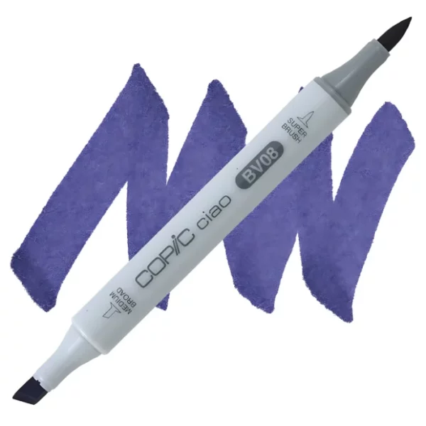 in the center of the image is a single copic marker that is sitting diagonally across the image. from left to right. it has a grey body and both caps are off showing the two different nibs, one brush at the top and the chisel tip at the bottom. it is sitting infront of a squiggle of the same colour as the marker on a white background