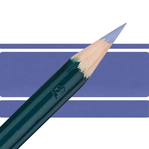 a derwent artists coloured pencil is seen in a close up ciming in from the left habd corner of the image. the tip is facing the right hand side top of the image. in a horizontal line. it has a green hamdle and a wooden end with the coloured tip. there are three horizontal stripes behind it that are the same colour as the nib of the pencil. on a white background