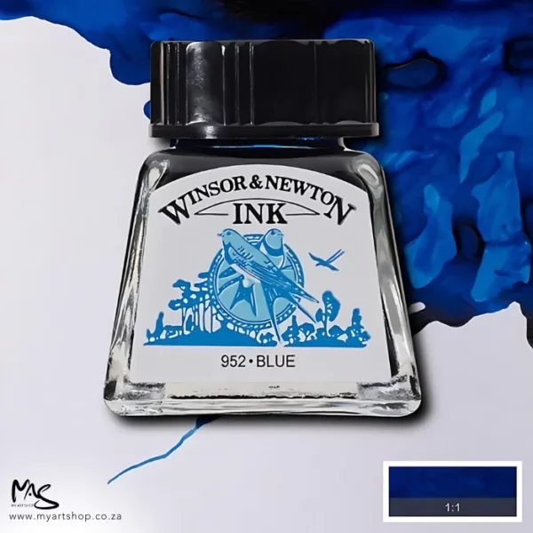 A single bottle of Blue Winsor & Newton Drawing Ink can be seen in the center of the frame, with ink in the background, in the top right hand corner of the frame, flowing into the frame. The ink is the colour of the ink inside the bottle. The bottle is a clear glass bottle and so you can see the colour of the ink inside. There is a black, plastic screw on lid and a label stuck to the front of the bottle with the brand name and logo on it. There is a small rectangular colour block with a sample of the ink colour in a 1:1 ratio, in the bottom right hand corner of the frame.