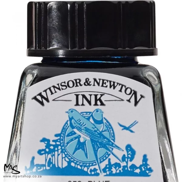 A close up of a single bottle of Blue Winsor & Newton Drawing Ink. The bottom of the bottle is cut off by the frame. The bottle is clear glass so you can see the colour of the ink inside, with a black screw on plastic lid. There is a label on the front of the bottle with the brand logo.