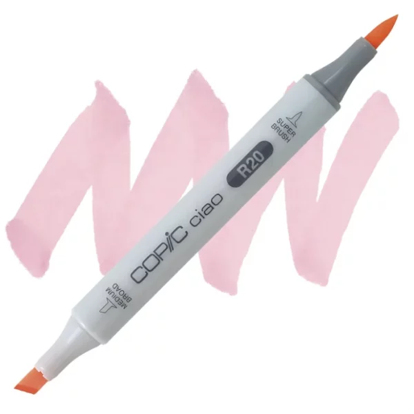 in the center of the image is a single copic marker that is sitting diagonally across the image. from left to right. it has a grey body and both caps are off showing the two different nibs, one brush at the top and the chisel tip at the bottom. it is sitting infront of a squiggle of the same colour as the marker on a white background