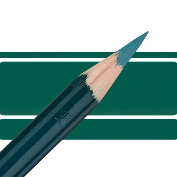 a derwent artists coloured pencil is seen in a close up ciming in from the left habd corner of the image. the tip is facing the right hand side top of the image. in a horizontal line. it has a green hamdle and a wooden end with the coloured tip. there are three horizontal stripes behind it that are the same colour as the nib of the pencil. on a white background