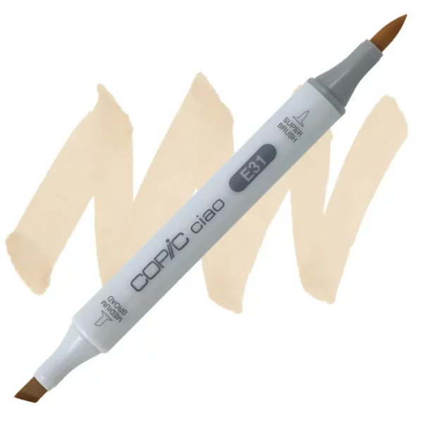 in the center of the image is a single copic marker that is sitting diagonally across the image. from left to right. it has a grey body and both caps are off showing the two different nibs, one brush at the top and the chisel tip at the bottom. it is sitting infront of a squiggle of the same colour as the marker on a white background