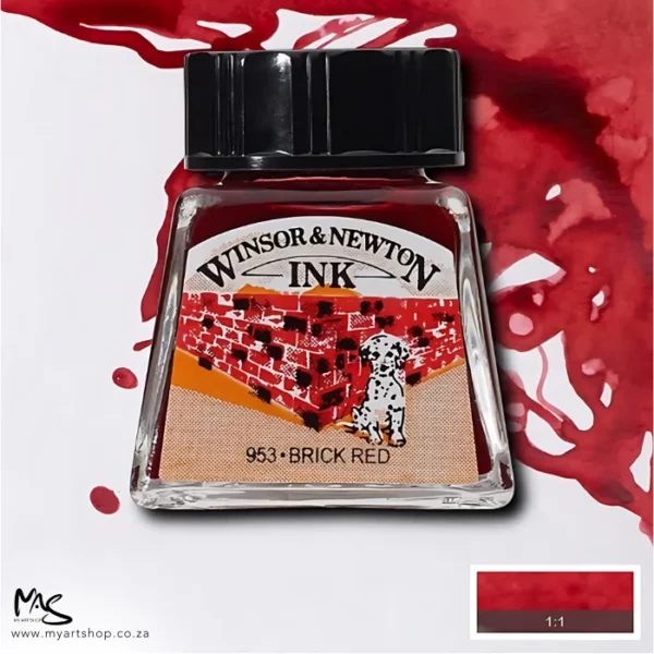 A single bottle of Brick Red Winsor & Newton Drawing Ink can be seen in the center of the frame, with ink in the background, in the top right hand corner of the frame, flowing into the frame. The ink is the colour of the ink inside the bottle. The bottle is a clear glass bottle and so you can see the colour of the ink inside. There is a black, plastic screw on lid and a label stuck to the front of the bottle with the brand name and logo on it. There is a small rectangular colour block with a sample of the ink colour in a 1:1 ratio, in the bottom right hand corner of the frame.