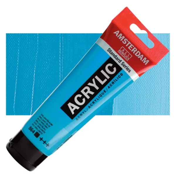 A single tube of Brilliant Blue Amsterdam Acrylic Paint 120ml is shown diagonally across the center of the frame. The tube is made of a clear plastic and has a red band at the end of the tube with a hole so it can hang. The tube has a black, plastic flip top cap, that the bottle stands on. There is black text on the body of the tube describing the product colour and details. The colour of the paint can be seen through the tube. There is a rectangular colour swatch of the paint, behind the tube. The swatch shows the colour in different gradient's. The image is center of the frame and on a white background.