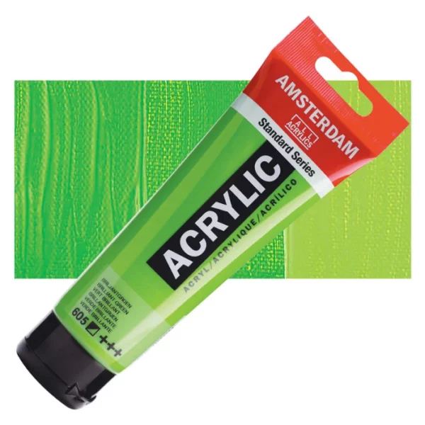 A single tube of Brilliant Green Amsterdam Acrylic Paint 120ml is shown diagonally across the center of the frame. The tube is made of a clear plastic and has a red band at the end of the tube with a hole so it can hang. The tube has a black, plastic flip top cap, that the bottle stands on. There is black text on the body of the tube describing the product colour and details. The colour of the paint can be seen through the tube. There is a rectangular colour swatch of the paint, behind the tube. The swatch shows the colour in different gradient's. The image is center of the frame and on a white background.