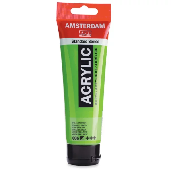 A single tube of Brilliant Green Amsterdam Acrylic Paint 120ml is standing vertically in the center of the frame. The tube is made of a clear plastic and has a red band at the end of the tube with a hole so it can hang. The tube has a black, plastic flip top cap, that the bottle stands on. There is black text on the body of the tube describing the product colour and details. The colour of the paint can be seen through the tube. On a white background.