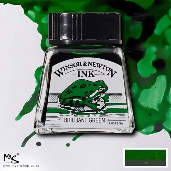 A single bottle of Brilliant Green Winsor & Newton Drawing Ink can be seen in the center of the frame, with ink in the background, in the top right hand corner of the frame, flowing into the frame. The ink is the colour of the ink inside the bottle. The bottle is a clear glass bottle and so you can see the colour of the ink inside. There is a black, plastic screw on lid and a label stuck to the front of the bottle with the brand name and logo on it. There is a small rectangular colour block with a sample of the ink colour in a 1:1 ratio, in the bottom right hand corner of the frame.