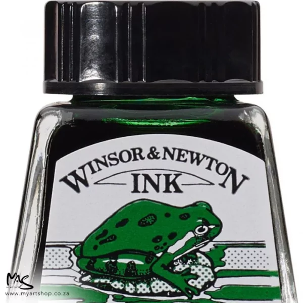 A close up of a single bottle of Brilliant Green Winsor & Newton Drawing Ink. The bottom of the bottle is cut off by the frame. The bottle is clear glass so you can see the colour of the ink inside, with a black screw on plastic lid. There is a label on the front of the bottle with the brand logo.