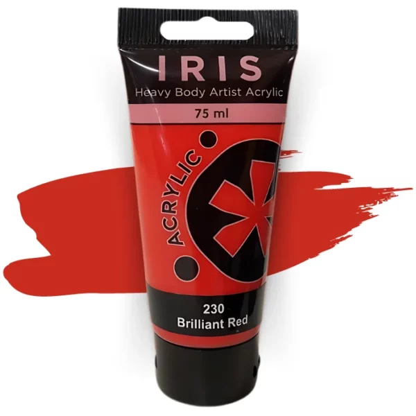 A single tube of Brilliant Red Prime Art Iris Acrylic Paint 75ml is shown in the frame. The tube is a clear plastic with a black printed band at the top of each tube that has the Prime Art Iris Logo printed on it. The tube has a black flip cap that the tube stands on. You can see the colour of the paint through the tube. On a white background.