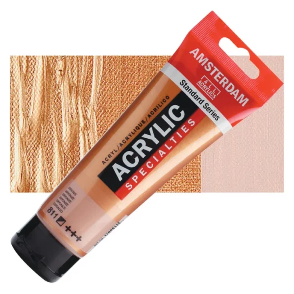 A single tube of Bronze Amsterdam Acrylic Paint 120ml is shown diagonally across the center of the frame. The tube is made of a clear plastic and has a red band at the end of the tube with a hole so it can hang. The tube has a black, plastic flip top cap, that the bottle stands on. There is black text on the body of the tube describing the product colour and details. The colour of the paint can be seen through the tube. There is a rectangular colour swatch of the paint, behind the tube. The swatch shows the colour in different gradient's. The image is center of the frame and on a white background.