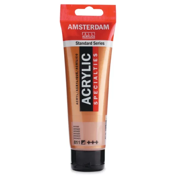 A single tube of Bronze Amsterdam Acrylic Paint 120ml is standing vertically in the center of the frame. The tube is made of a clear plastic and has a red band at the end of the tube with a hole so it can hang. The tube has a black, plastic flip top cap, that the bottle stands on. There is black text on the body of the tube describing the product colour and details. The colour of the paint can be seen through the tube. On a white background.