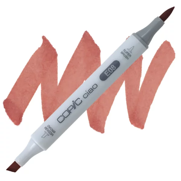 in the center of the image is a single copic marker that is sitting diagonally across the image. from left to right. it has a grey body and both caps are off showing the two different nibs, one brush at the top and the chisel tip at the bottom. it is sitting infront of a squiggle of the same colour as the marker on a white background