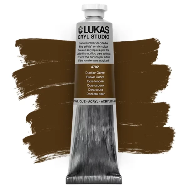 A single tube of Brown Ochre Lukas Cryl STUDIO Acrylics 75ml is shown in the center of the frame, standing vertically. The tube is silver and has a colour band around the body of the tube that denotes the colour of the paint inside. The Lukas name and logo is printed at the top of the tube and there is black text below the logo that describes the paint. The tube has a white plastic, screw on lid. There is a paint swatch in the background that indicates the colour of the paint inside the tube. The image is center of the frame and on a white background.