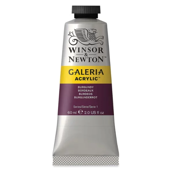 A single tube of Burgundy Winsor and Newton Galeria Acrylic Paint 60ml is shown in the center of the frame, standing vertically. The tube is a silver colour and has a black, screw on, plastic lid. The Winsor and Newton logo is printed at the top of the tube and there is a yellow band across the tube, under the logo, with the words, 'Galeria Acrylic'. There is a band of colour below that which denotes the colour of the paint in the tube. There is text on this colour band, describing the colour and paint properties. The image is center of the frame and on a white background.