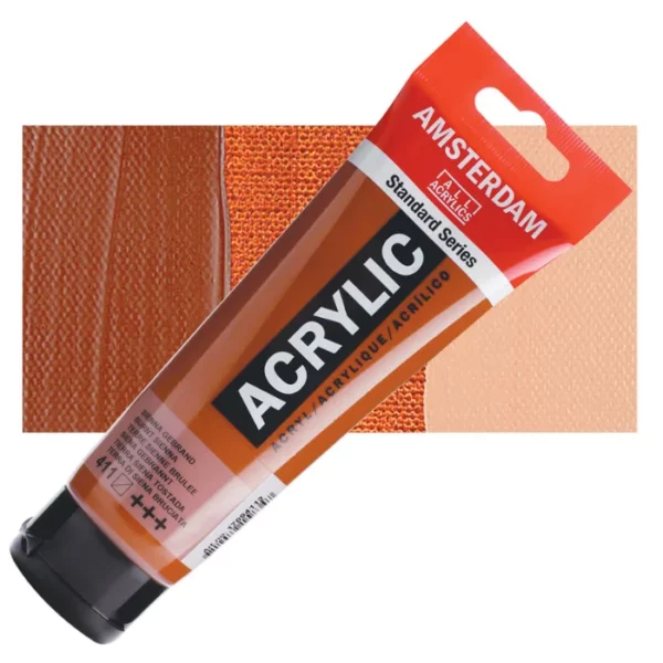 A single tube of Burnt Sienna Amsterdam Acrylic Paint 120ml is shown diagonally across the center of the frame. The tube is made of a clear plastic and has a red band at the end of the tube with a hole so it can hang. The tube has a black, plastic flip top cap, that the bottle stands on. There is black text on the body of the tube describing the product colour and details. The colour of the paint can be seen through the tube. There is a rectangular colour swatch of the paint, behind the tube. The swatch shows the colour in different gradient's. The image is center of the frame and on a white background.