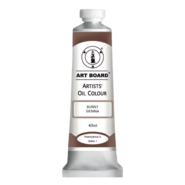 A tube of Burnt Sienna Artboard Oil Paint 40ml is shown standing vertically in the center of the frame. The tube is silver and has a label around the body of the tube. Parts of the label are coloured, to denote the colour of the paint inside the tube. The artboard logo and name are printed at the top of the label and the colour and product details are printed below. The tube has a white plastic, screw on lid. On a white background.