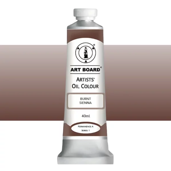 A tube of Burnt Sienna Artboard Oil Paint 40ml is shown standing vertically in the center of the frame. The tube is silver and has a label around the body of the tube. Parts of the label are coloured, to denote the colour of the paint inside the tube. The artboard logo and name are printed at the top of the label and the colour and product details are printed below. The tube has a white plastic, screw on lid. A graded horizontal rectangle is seen in the background, this denotes the colour of the paint inside the tube. On a white background.