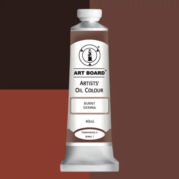 A tube of Burnt Sienna Artboard Oil Paint 40ml is shown standing vertically in the center of the frame. The tube is silver and has a label around the body of the tube. Parts of the label are coloured, to denote the colour of the paint inside the tube. The artboard logo and name are printed at the top of the label and the colour and product details are printed below. The tube has a white plastic, screw on lid. Different shades of the paint colour are shown in the background in blocks, behind the tube.