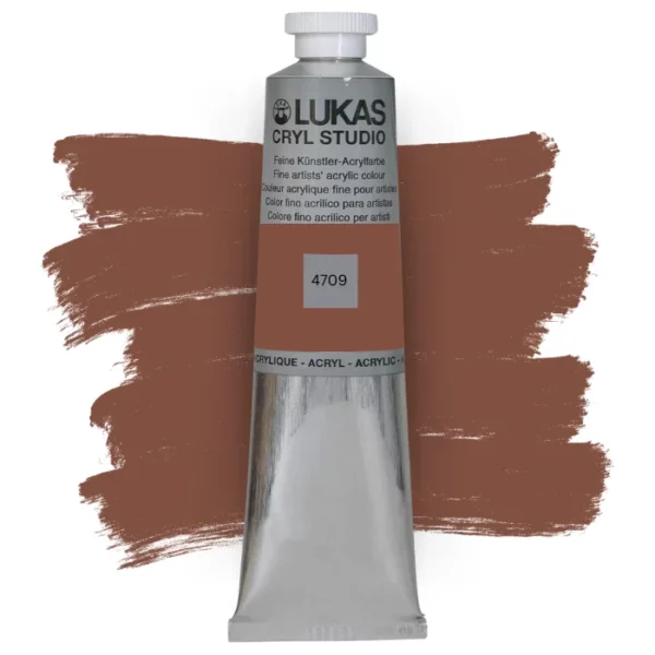 A single tube of Burnt Sienna Lukas Cryl STUDIO Acrylics 75ml is shown in the center of the frame, standing vertically. The tube is silver and has a colour band around the body of the tube that denotes the colour of the paint inside. The Lukas name and logo is printed at the top of the tube and there is black text below the logo that describes the paint. The tube has a white plastic, screw on lid. There is a paint swatch in the background that indicates the colour of the paint inside the tube. The image is center of the frame and on a white background.