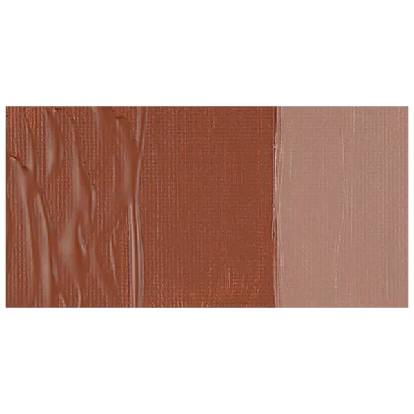 A rectangular colour swatch of Burnt Sienna Opaque Winsor and Newton Galeria Acrylic Paint is shown across the center of the frame. The colour swatch shows the tube colour in three gradients from left to right. On a white background.