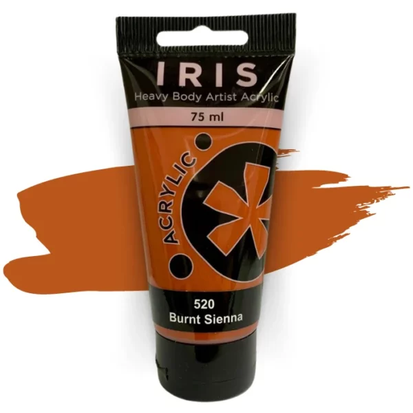 A single tube of Burnt Sienna Prime Art Iris Acrylic Paint 75ml is shown in the frame. The tube is a clear plastic with a black printed band at the top of each tube that has the Prime Art Iris Logo printed on it. The tube has a black flip cap that the tube stands on. You can see the colour of the paint through the tube. On a white background.