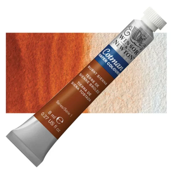 A single Burnt Sienna Winsor and Newton Cotman Watercolour 8ml Tube is shown diagonally across the frame. The back of the tube is facing the bottom left hand corner of the frame and the lid of the tube is facing the top, right hand corner of the frame. The tube is silver and the Winsor and Newton logo is printed at the top of the tube. There is a blue band below the logo and the words 'Cotman Watercolour' are printed on the blue band in white. Then there is a large colour band around the base of the tube that denotes the colour of the paint. The tube colour and paint properties are indicated on this colour band in black text. The tube has a white, plastic screw on cap. There is a rectangular colour swatch behind the tube that shows how the colour works on a gradient scale. The entire image is center of the frame and on a white background.