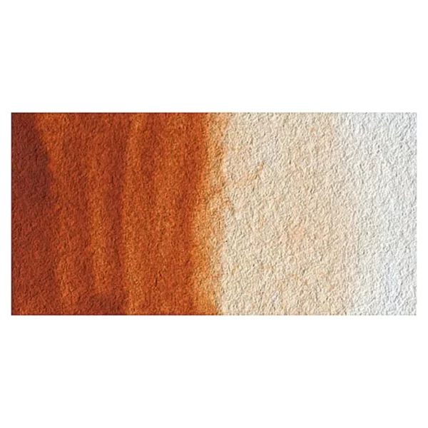 A rectangular colour swatch of Burnt Sienna Winsor and Newton Cotman Watercolour Paint is shown across the center of the frame. The colour swatch shows the tube colour in three gradients from left to right. On a white background.