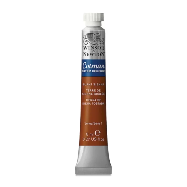 A single Burnt Sienna Winsor and Newton Cotman Watercolour 8ml Tube is shown vertically in the center of the frame. The tube is silver and the Winsor and Newton logo is printed at the top of the tube. There is a blue band below the logo and the words 'Cotman Watercolour' are printed on the blue band in white. Then there is a large colour band around the base of the tube that denotes the colour of the paint. The tube colour and paint properties are indicated on this colour band in black text. The tube has a white, plastic screw on cap. The image is center of the frame and on a white background.