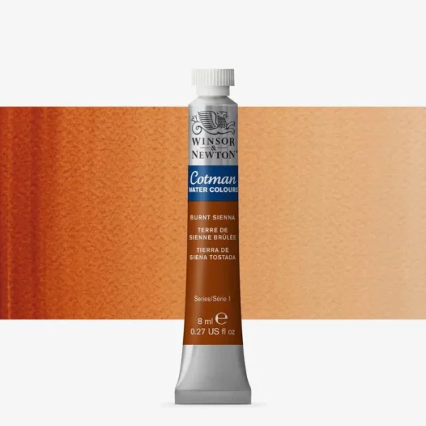 A single Burnt Sienna Winsor and Newton Cotman Watercolour 8ml Tube is shown vertically in the center of the frame. The tube is silver and the Winsor and Newton logo is printed at the top of the tube. There is a blue band below the logo and the words 'Cotman Watercolour' are printed on the blue band in white. Then there is a large colour band around the base of the tube that denotes the colour of the paint. The tube colour and paint properties are indicated on this colour band in black text. The tube has a white, plastic screw on cap. There is a rectangular colour swatch behind the tube that shows how the colour works on a gradient scale. The entire image is center of the frame and on a white background.