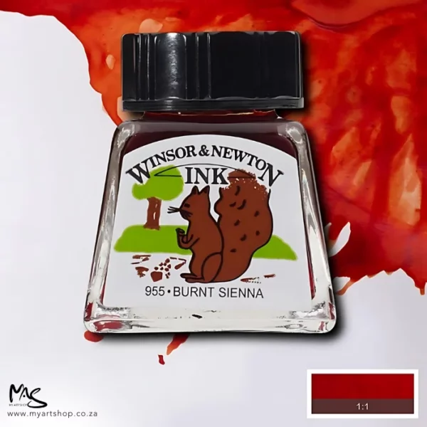 A single bottle of Burnt Sienna Winsor & Newton Drawing Ink can be seen in the center of the frame, with ink in the background, in the top right hand corner of the frame, flowing into the frame. The ink is the colour of the ink inside the bottle. The bottle is a clear glass bottle and so you can see the colour of the ink inside. There is a black, plastic screw on lid and a label stuck to the front of the bottle with the brand name and logo on it. There is a small rectangular colour block with a sample of the ink colour in a 1:1 ratio, in the bottom right hand corner of the frame.