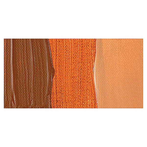 A rectangular colour swatch of Burnt Sienna Winsor and Newton Galeria Acrylic Paint is shown across the center of the frame. The colour swatch shows the tube colour in three gradients from left to right. On a white background.