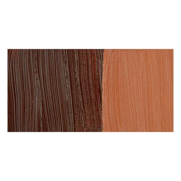 A rectangular colour swatch of Burnt Sienna Winsor and Newton Winton Oil Paint is shown across the center of the frame. The colour swatch shows the tube colour in three gradients from left to right. On a white background.