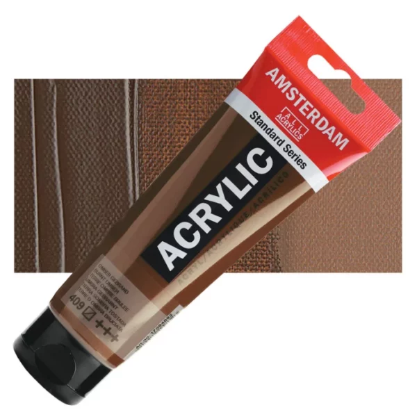 A single tube of Burnt Umber Amsterdam Acrylic Paint 120ml is shown diagonally across the center of the frame. The tube is made of a clear plastic and has a red band at the end of the tube with a hole so it can hang. The tube has a black, plastic flip top cap, that the bottle stands on. There is black text on the body of the tube describing the product colour and details. The colour of the paint can be seen through the tube. There is a rectangular colour swatch of the paint, behind the tube. The swatch shows the colour in different gradient's. The image is center of the frame and on a white background.