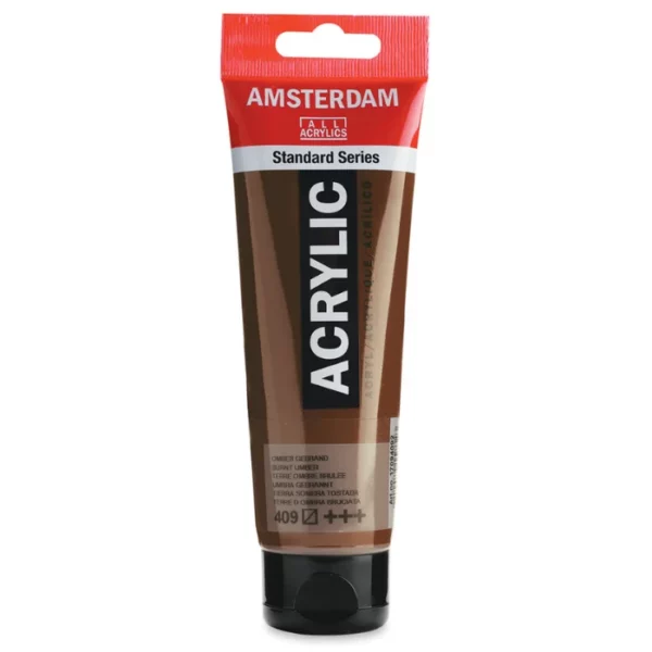 A single tube of Burnt Umber Amsterdam Acrylic Paint 120ml is standing vertically in the center of the frame. The tube is made of a clear plastic and has a red band at the end of the tube with a hole so it can hang. The tube has a black, plastic flip top cap, that the bottle stands on. There is black text on the body of the tube describing the product colour and details. The colour of the paint can be seen through the tube. On a white background.