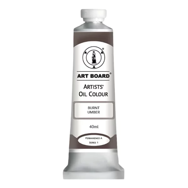 A tube of Burnt Umber Artboard Oil Paint 40ml is shown standing vertically in the center of the frame. The tube is silver and has a label around the body of the tube. Parts of the label are coloured, to denote the colour of the paint inside the tube. The artboard logo and name are printed at the top of the label and the colour and product details are printed below. The tube has a white plastic, screw on lid. On a white background.