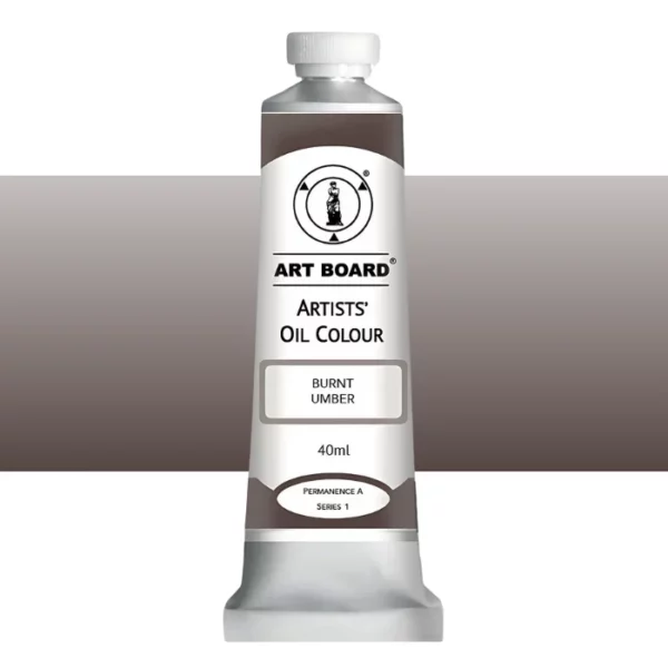 A tube of Burnt Umber Artboard Oil Paint 40ml is shown standing vertically in the center of the frame. The tube is silver and has a label around the body of the tube. Parts of the label are coloured, to denote the colour of the paint inside the tube. The artboard logo and name are printed at the top of the label and the colour and product details are printed below. The tube has a white plastic, screw on lid. A graded horizontal rectangle is seen in the background, this denotes the colour of the paint inside the tube. On a white background.