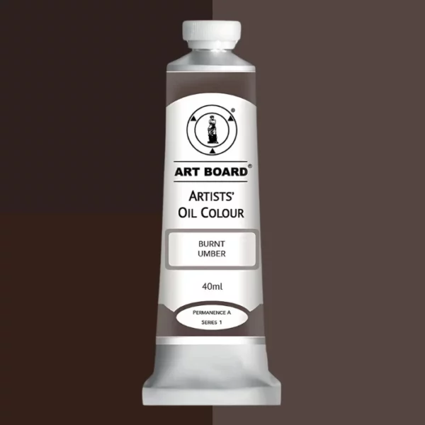 A tube of Burnt Umber Artboard Oil Paint 40ml is shown standing vertically in the center of the frame. The tube is silver and has a label around the body of the tube. Parts of the label are coloured, to denote the colour of the paint inside the tube. The artboard logo and name are printed at the top of the label and the colour and product details are printed below. The tube has a white plastic, screw on lid. Different shades of the paint colour are shown in the background in blocks, behind the tube.