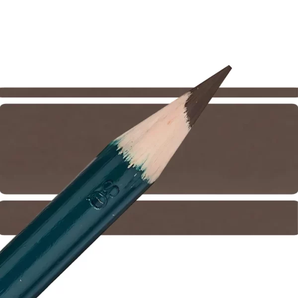 a derwent artists coloured pencil is seen in a close up ciming in from the left habd corner of the image. the tip is facing the right hand side top of the image. in a horizontal line. it has a green hamdle and a wooden end with the coloured tip. there are three horizontal stripes behind it that are the same colour as the nib of the pencil. on a white background