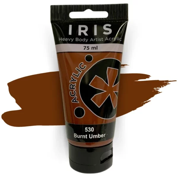 A single tube of Burnt Umber Prime Art Iris Acrylic Paint 75ml is shown in the frame. The tube is a clear plastic with a black printed band at the top of each tube that has the Prime Art Iris Logo printed on it. The tube has a black flip cap that the tube stands on. You can see the colour of the paint through the tube. On a white background.