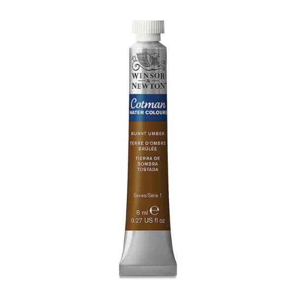 A single Burnt Umber Winsor and Newton Cotman Watercolour 8ml Tube is shown vertically in the center of the frame. The tube is silver and the Winsor and Newton logo is printed at the top of the tube. There is a blue band below the logo and the words 'Cotman Watercolour' are printed on the blue band in white. Then there is a large colour band around the base of the tube that denotes the colour of the paint. The tube colour and paint properties are indicated on this colour band in black text. The tube has a white, plastic screw on cap. The image is center of the frame and on a white background.