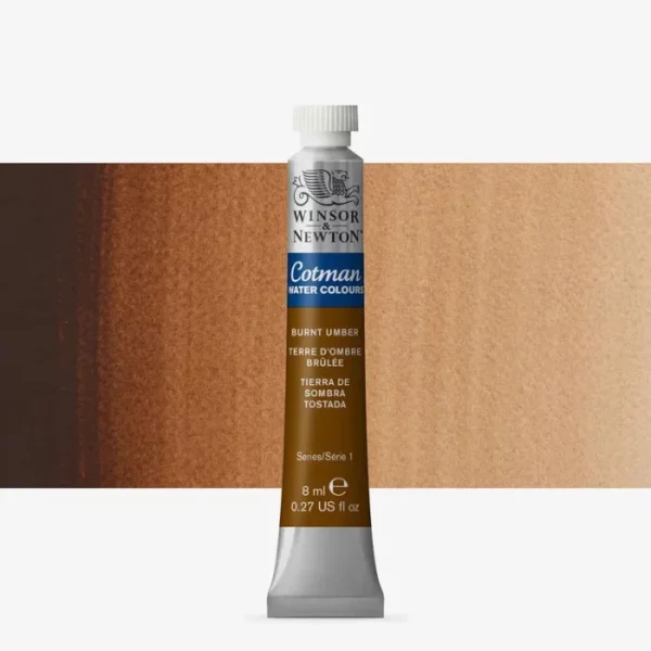 A single Burnt Umber Winsor and Newton Cotman Watercolour 8ml Tube is shown vertically in the center of the frame. The tube is silver and the Winsor and Newton logo is printed at the top of the tube. There is a blue band below the logo and the words 'Cotman Watercolour' are printed on the blue band in white. Then there is a large colour band around the base of the tube that denotes the colour of the paint. The tube colour and paint properties are indicated on this colour band in black text. The tube has a white, plastic screw on cap. There is a rectangular colour swatch behind the tube that shows how the colour works on a gradient scale. The entire image is center of the frame and on a white background.