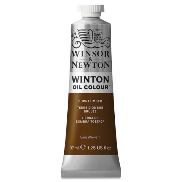 A single tube of Burnt Umber Winsor and Newton Winton Oil Paint 37ml is shown in the center of the frame, standing vertically. The tube is a silver colour and has a white screw on, plastic lid. The Winsor and Newton logo is printed at the top of the tube and there is a white band across the tube, under the logo, with the words, 'Winton Oil Colour'. There is a band of colour below that which denotes the colour of the paint in the tube. There is text on this colour band, describing the colour and paint properties. The image is center of the frame and on a white background.