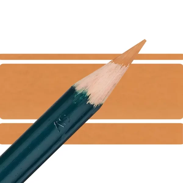 a derwent artists coloured pencil is seen in a close up ciming in from the left habd corner of the image. the tip is facing the right hand side top of the image. in a horizontal line. it has a green hamdle and a wooden end with the coloured tip. there are three horizontal stripes behind it that are the same colour as the nib of the pencil. on a white background