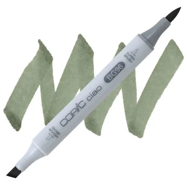 in the center of the image is a single copic marker that is sitting diagonally across the image. from left to right. it has a grey body and both caps are off showing the two different nibs, one brush at the top and the chisel tip at the bottom. it is sitting infront of a squiggle of the same colour as the marker on a white background