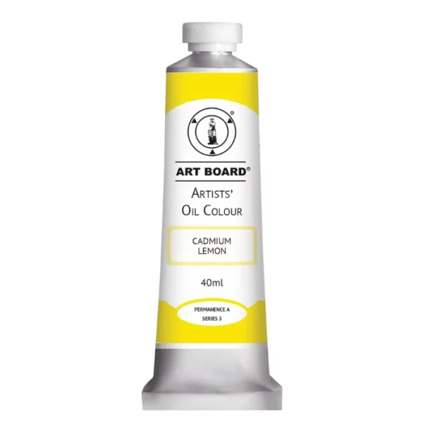 A tube of Cadmium Lemon Artboard Oil Paint 40ml is shown standing vertically in the center of the frame. The tube is silver and has a label around the body of the tube. Parts of the label are coloured, to denote the colour of the paint inside the tube. The artboard logo and name are printed at the top of the label and the colour and product details are printed below. The tube has a white plastic, screw on lid. On a white background.