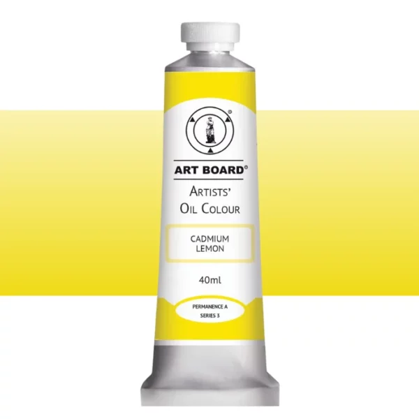 A tube of Cadmium Lemon Artboard Oil Paint 40ml is shown standing vertically in the center of the frame. The tube is silver and has a label around the body of the tube. Parts of the label are coloured, to denote the colour of the paint inside the tube. The artboard logo and name are printed at the top of the label and the colour and product details are printed below. The tube has a white plastic, screw on lid. A graded horizontal rectangle is seen in the background, this denotes the colour of the paint inside the tube. On a white background.