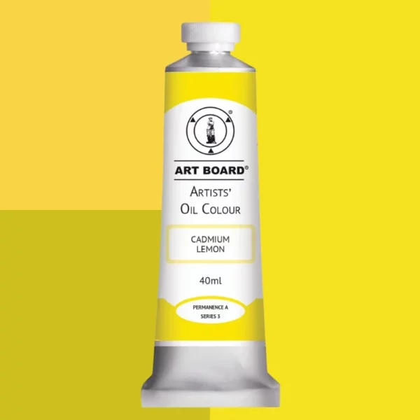 A tube of Cadmium Lemon Artboard Oil Paint 40ml is shown standing vertically in the center of the frame. The tube is silver and has a label around the body of the tube. Parts of the label are coloured, to denote the colour of the paint inside the tube. The artboard logo and name are printed at the top of the label and the colour and product details are printed below. The tube has a white plastic, screw on lid. Different shades of the paint colour are shown in the background in blocks, behind the tube.