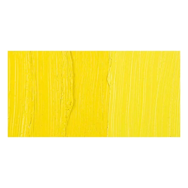 A rectangular colour swatch of Cadmium Lemon Winsor and Newton Winton Oil Paint is shown across the center of the frame. The colour swatch shows the tube colour in three gradients from left to right. On a white background.